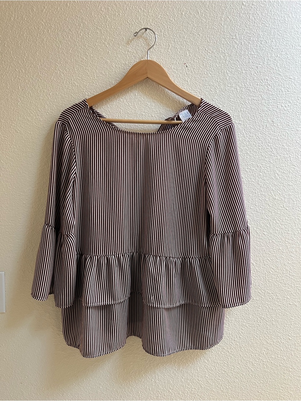 Time and Tru Black & White Striped Ruffle Peplum Blouse